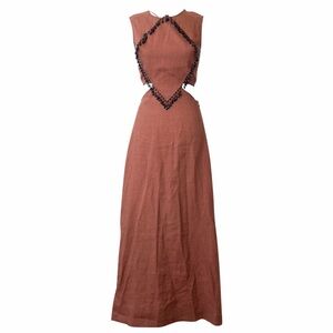 GANNI cut out waist brown linen beaded maxi dress